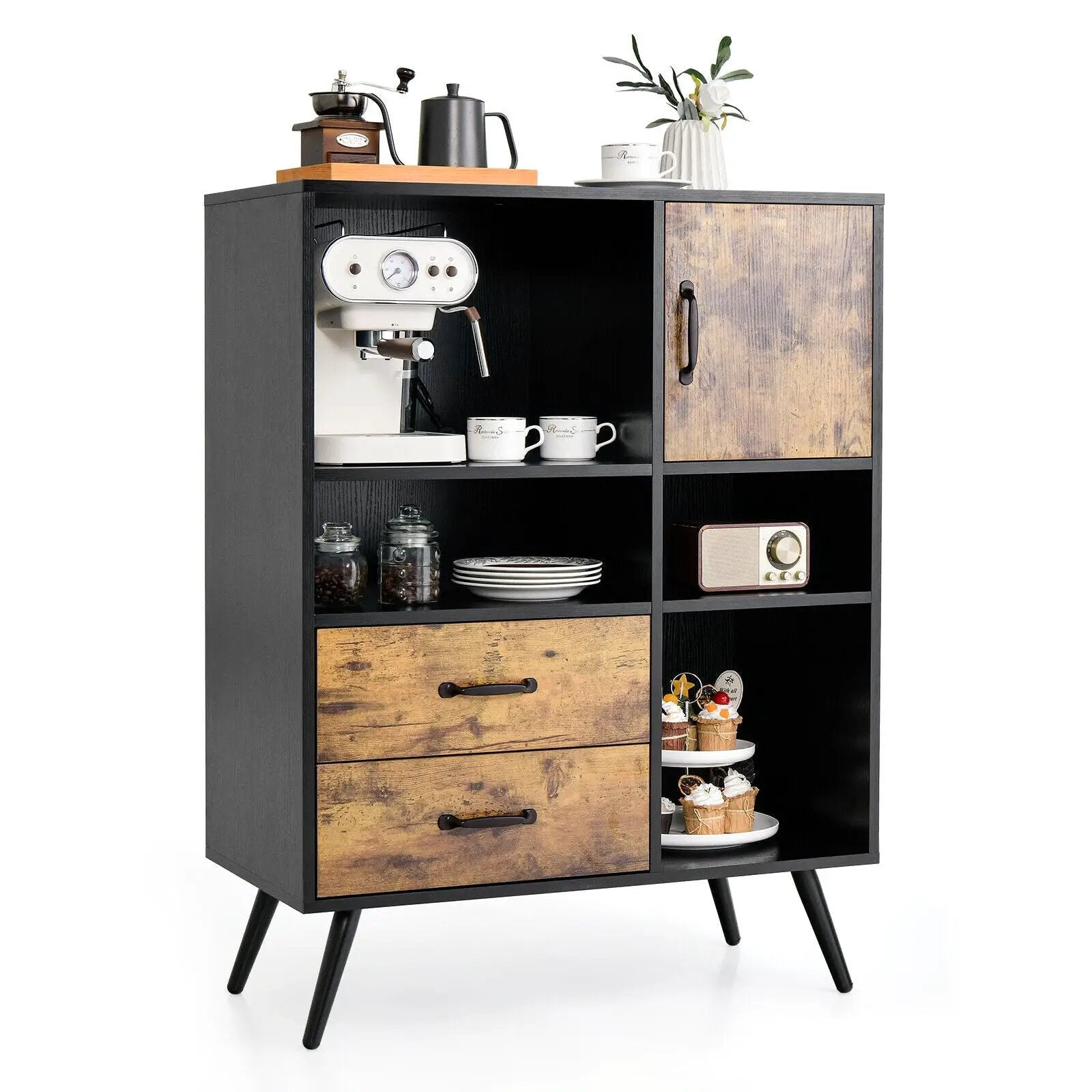Industrial Buffet Sideboard Kitchen Cupboard with Cubbies Drawers-Rustic Brown by DirectDeals