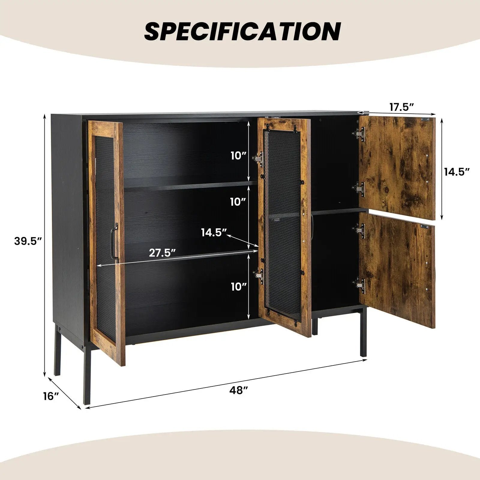 48 Inch Industrial Kitchen Buffet Sideboard with Metal Mesh Doors and Anti-toppling Device-Brown by DirectDeals