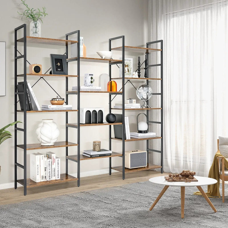 Large Triple Wide Floor Standing Bookcase Display Shelf with Metal Frame-Rustic Brown by DirectDeals