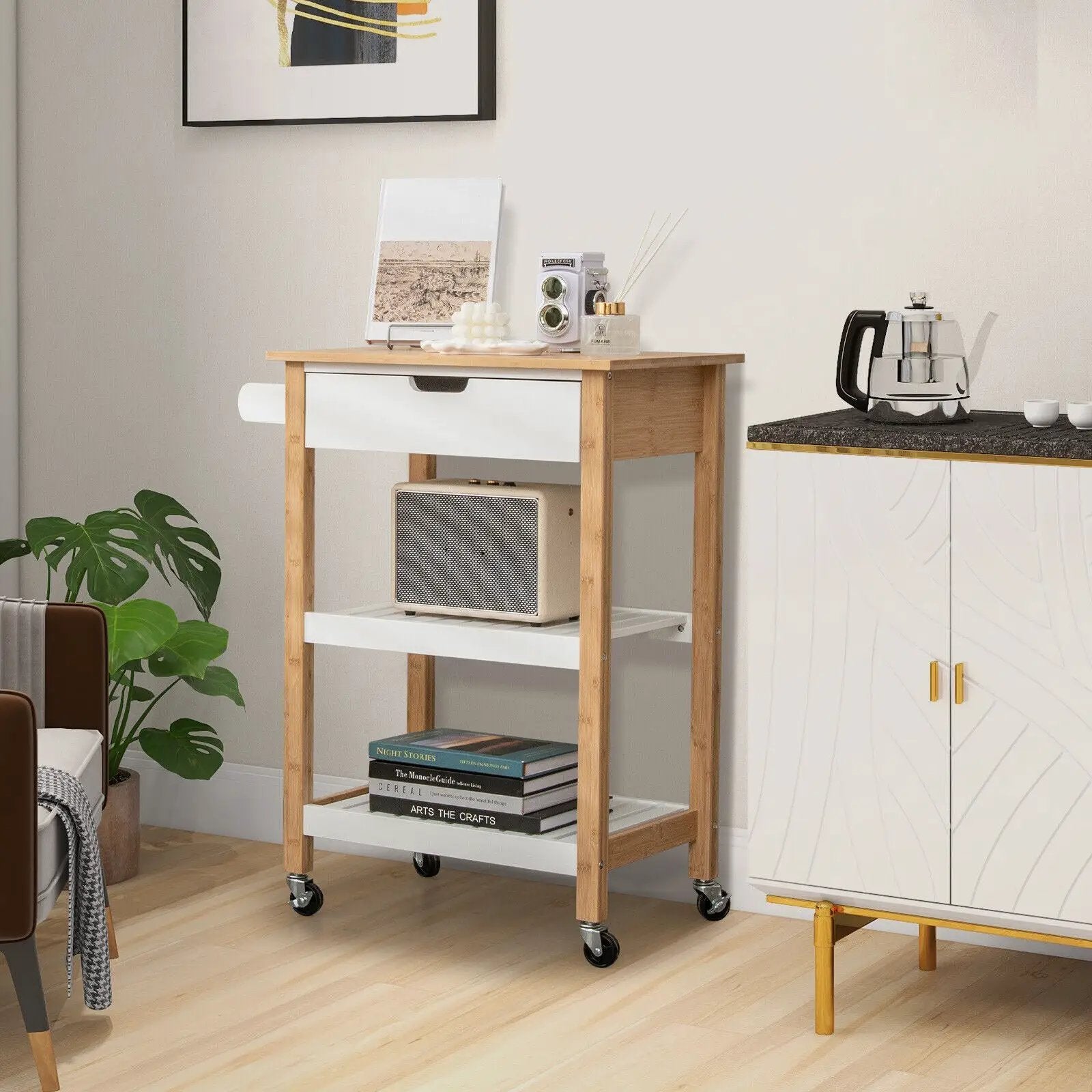 3-Tier Kitchen Island Cart Rolling Service Trolley with Bamboo Top by DirectDeals