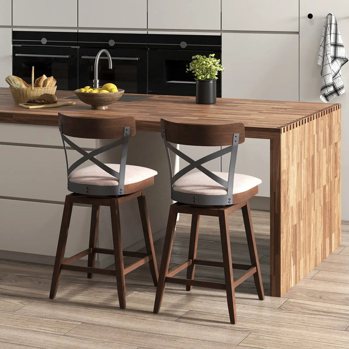Set of 2 Wooden Swivel Bar Stools with Cushioned Seat and Open X Back, photo 2 of 9