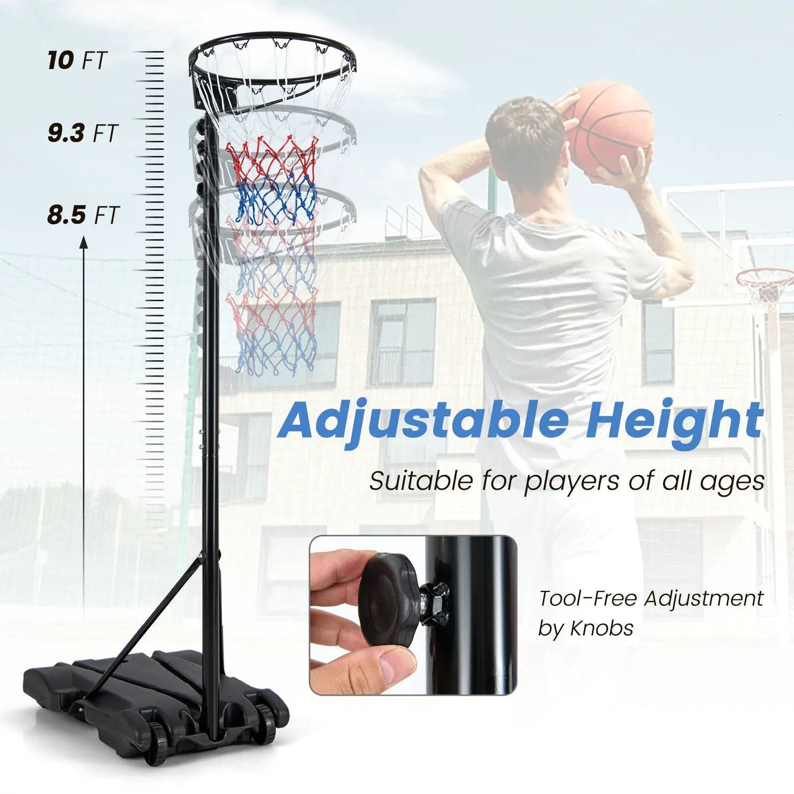 8.5 to 10 FT Adjustable Portable Basketball Hoop Stand with Fillable Base and 2 Wheels by DirectDeals