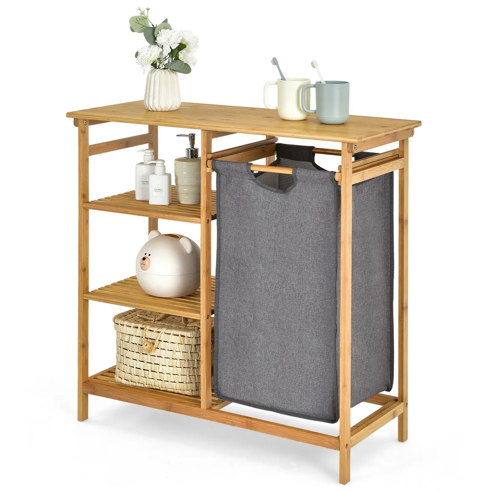 Bamboo Laundry Hamper Stand with Removable Sliding Bag and 3-Tier Open Shelves by DirectDeals