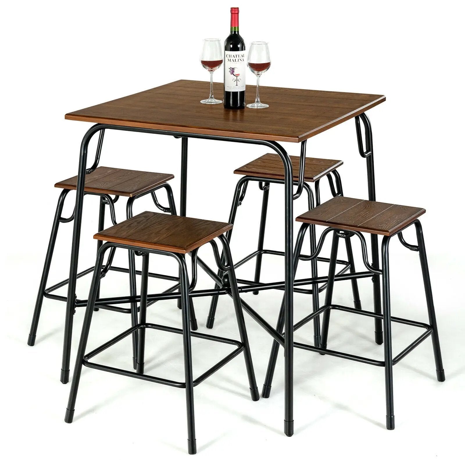 5 Pieces Bar Table Set with 4 Counter Height Backless Stools-Rustic Brown by DirectDeals