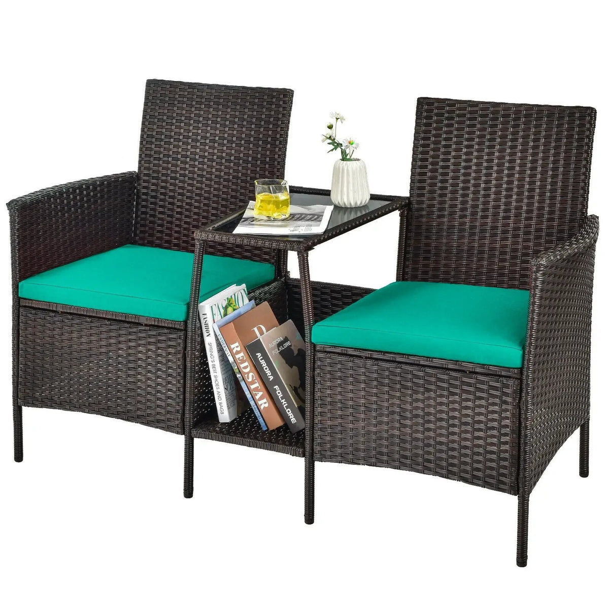 Patio Rattan Wicker Conversation Set Sofa Cushioned Loveseat Glass Table, photo 7 of 11