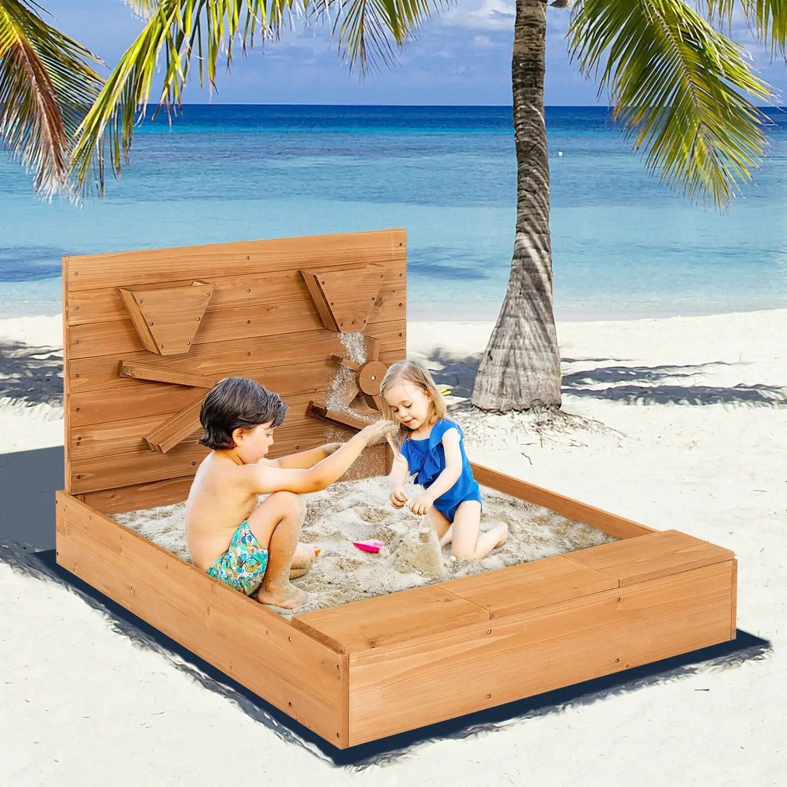 Kids Wooden Square Sandbox with Cover by DirectDeals