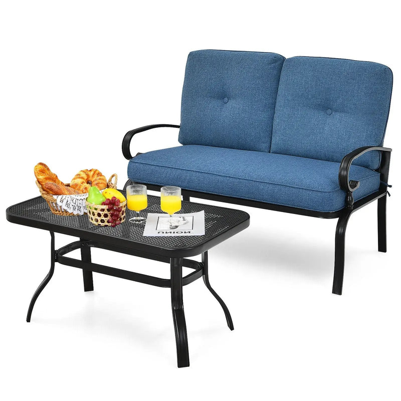 2 Pieces Patio Loveseat Bench Table Furniture Set with Cushioned Chair-Blue by DirectDeals