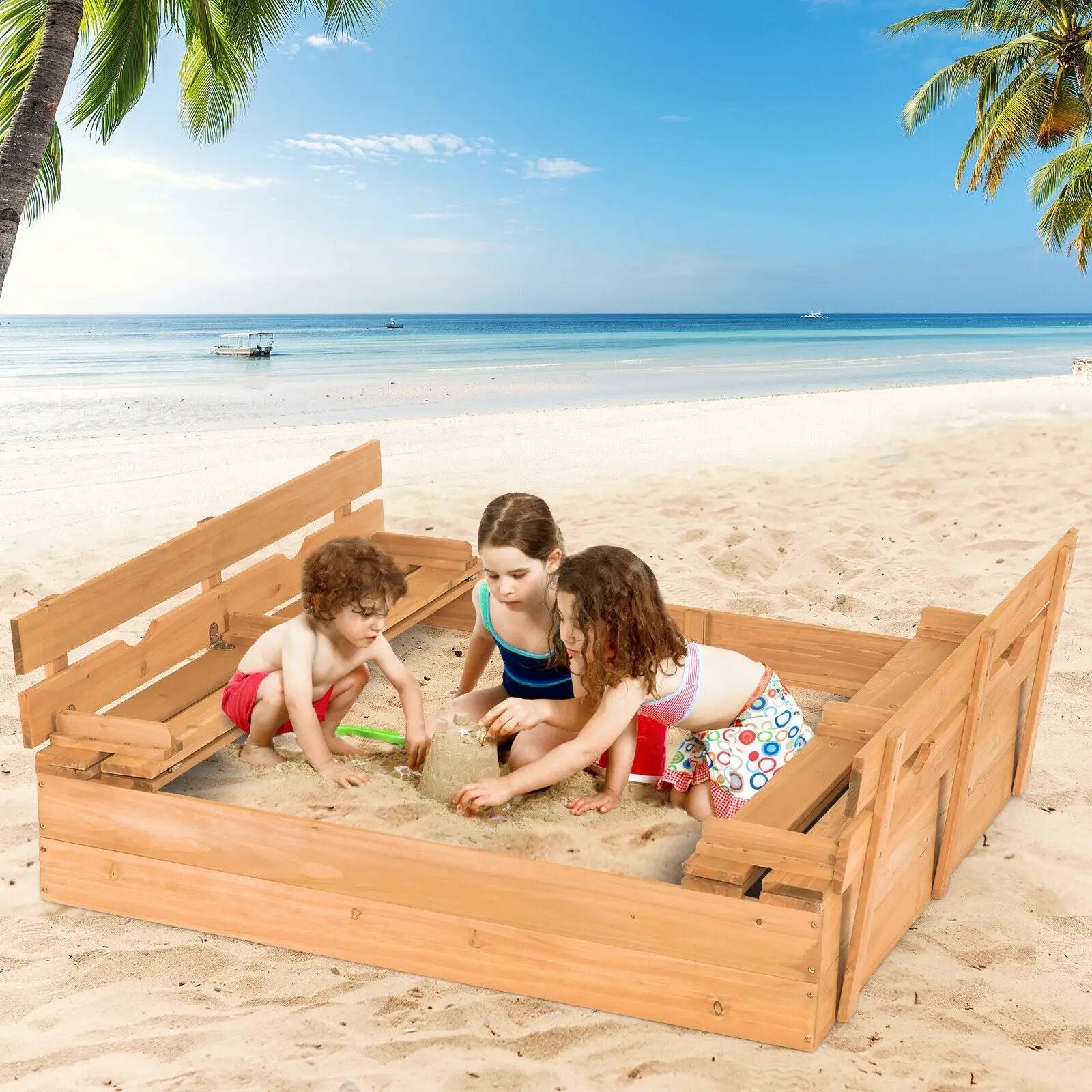 Kids Wooden Sandbox with 2 Foldable Bench Seats by DirectDeals