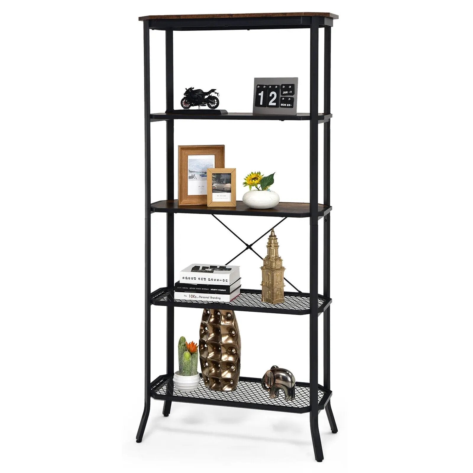 Industrial 5-Layer Bookshelf with Out-Stretched Legs-Rustic Brown by DirectDeals