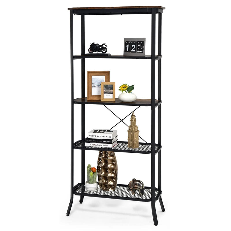 Industrial 5-Layer Bookshelf with Out-Stretched Legs-Rustic Brown by DirectDeals