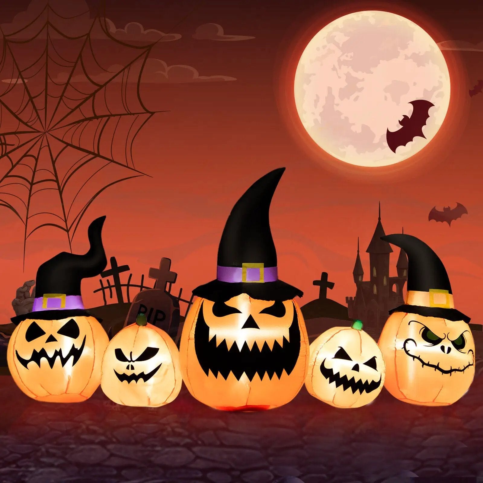 8 Feet Inflatable Pumpkin Family Waterproof Halloween Yard Decoration with LED Lights by DirectDeals
