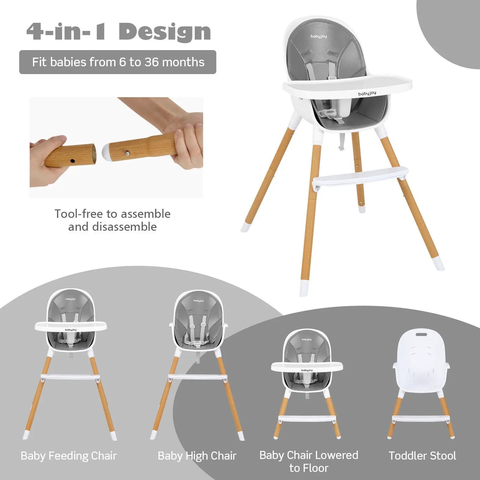 4-in-1 Convertible Baby High Chair Infant Feeding Chair with Adjustable Tray by DirectDeals
