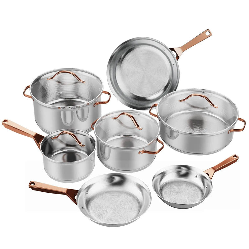 11 Pieces Stainless Steel Kitchen Cookware Set with Gold Stay-Cool Handles by DirectDeals