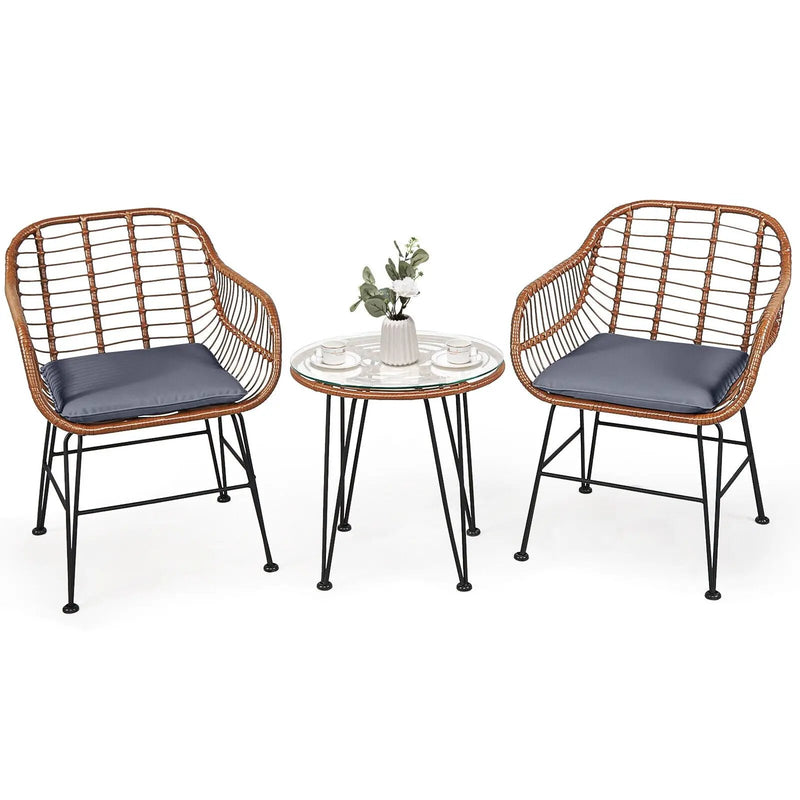 3 Pieces Patio Rattan Bistro Set with Cushion by DirectDeals