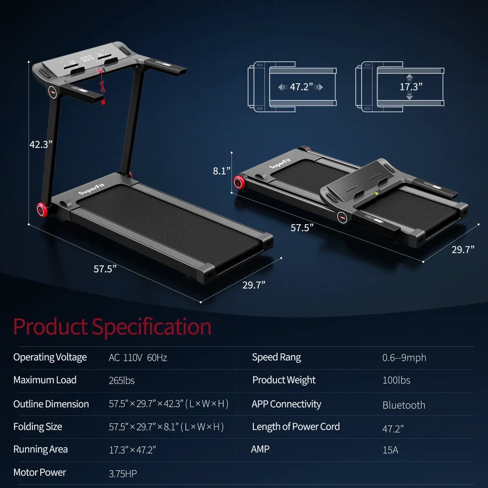 3.75HP Folding Treadmill with APP and 12 Preset Programs by DirectDeals
