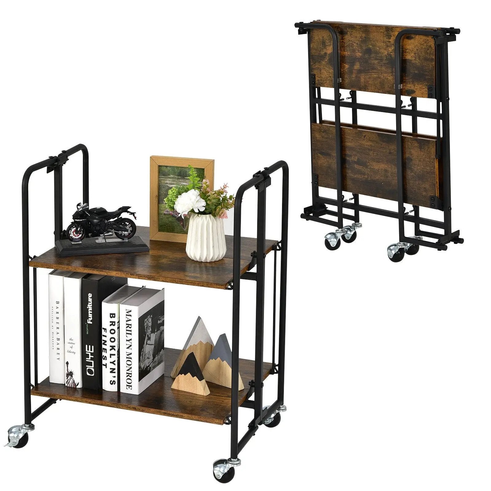 Folding Rolling Cart with Metal Frame-2-Tier by DirectDeals