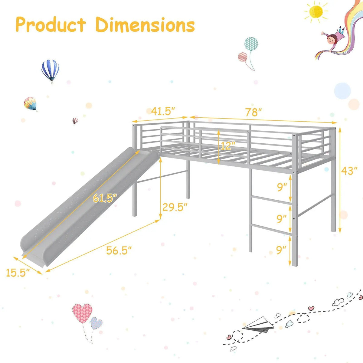 Twin Metal Loft Bed with Slide Safety Guardrails and Built-in Ladder, photo 4 of 10