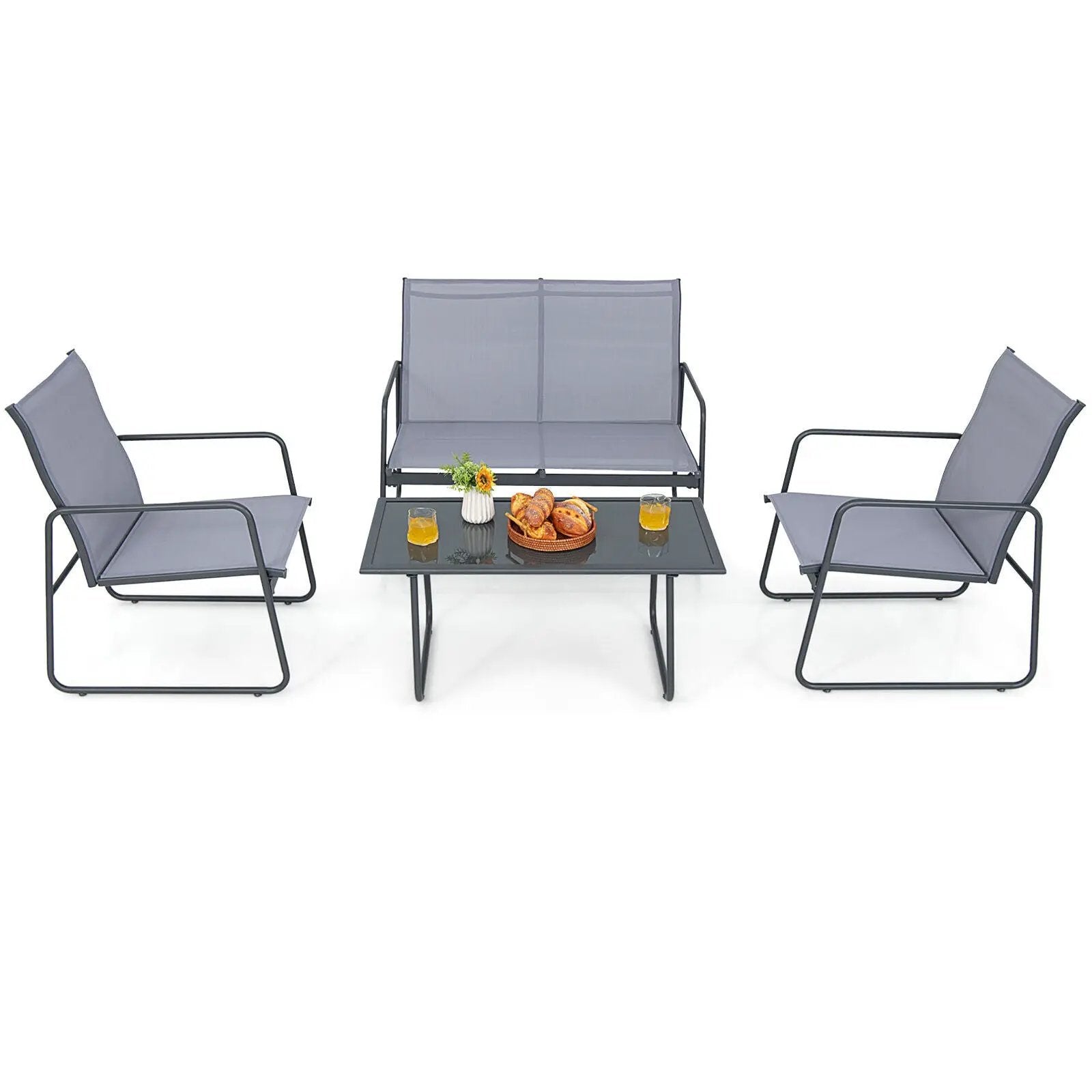 4 Pieces of Metal Patio Furniture Chat Set with Tempered Glass Coffee Table by DirectDeals