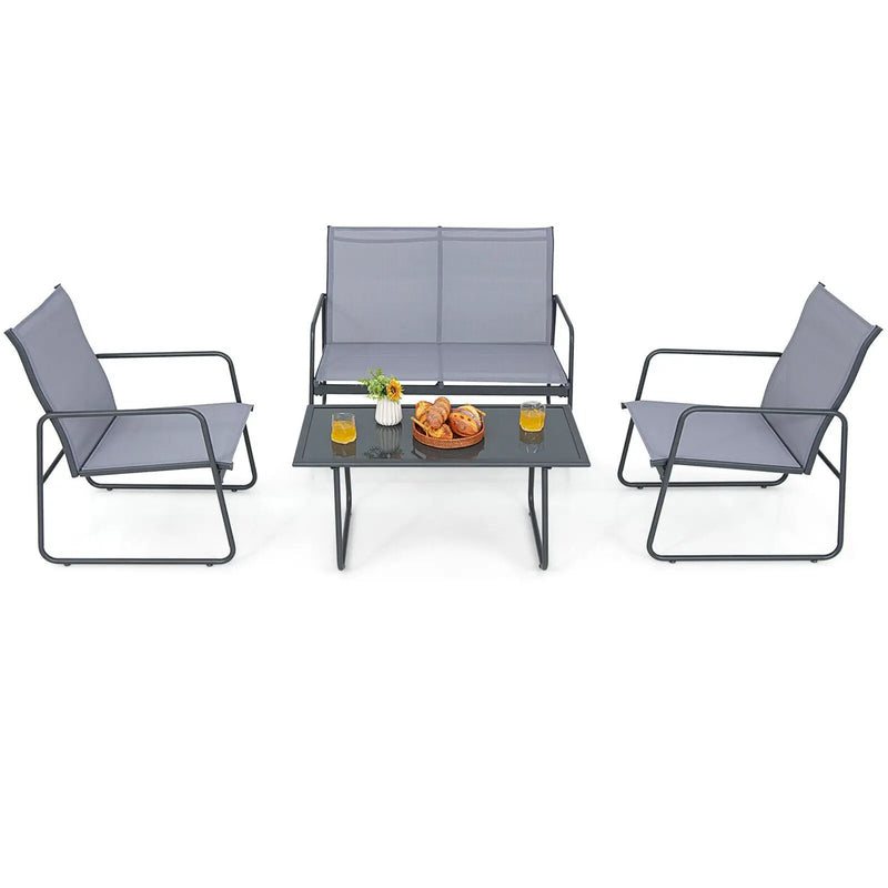4 Pieces of Metal Patio Furniture Chat Set with Tempered Glass Coffee Table by DirectDeals