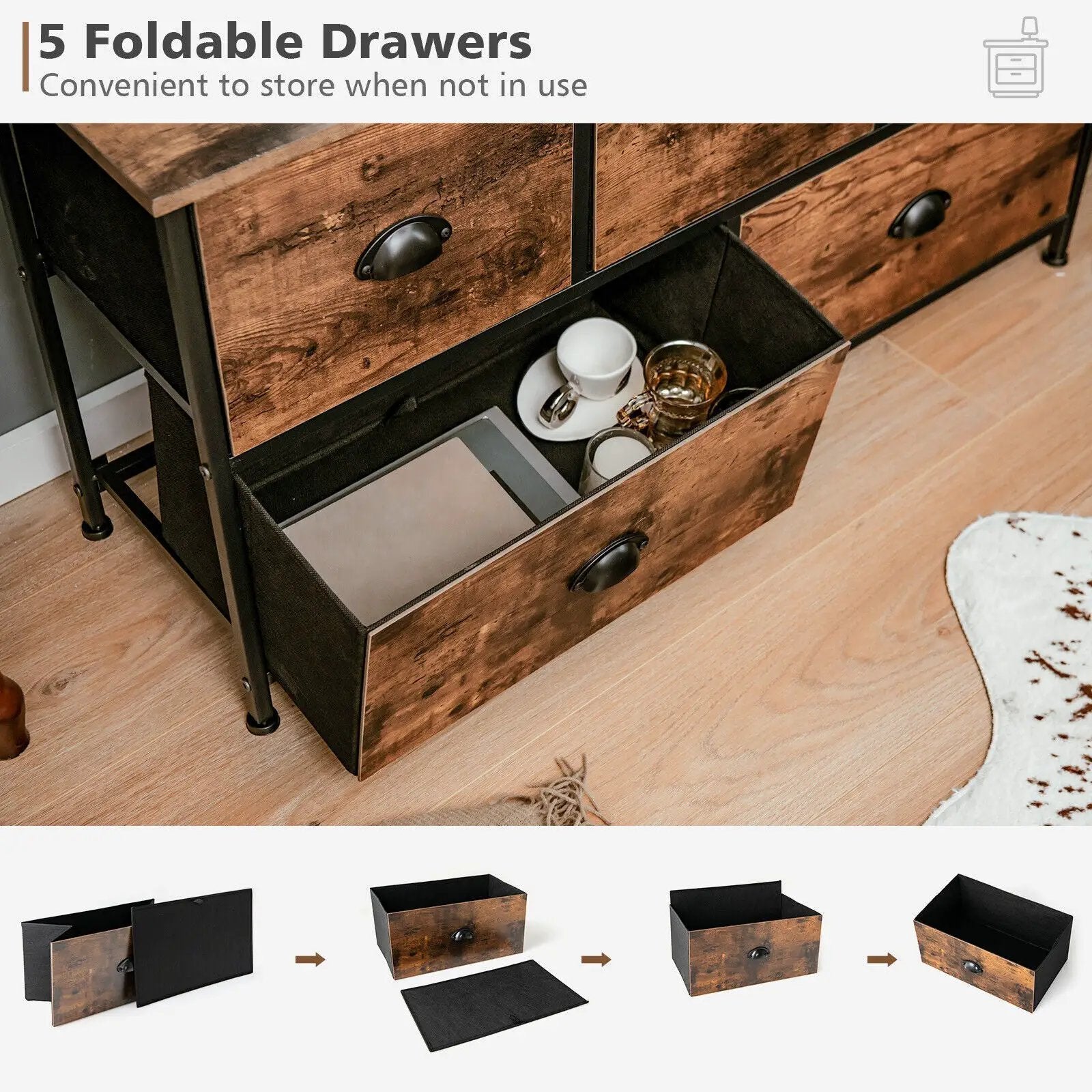Dresser Organizer with 5 Drawers and Wooden Top-Rustic Brown by DirectDeals