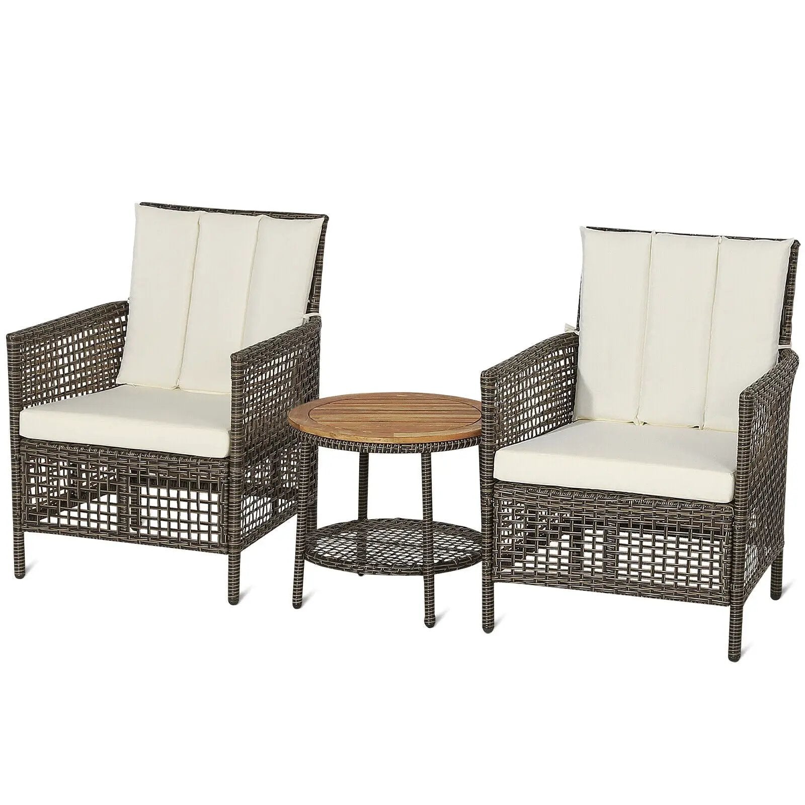 3 Pieces Patio Rattan Furniture Set with Cushioned Sofas and Wood Table Top-White by DirectDeals