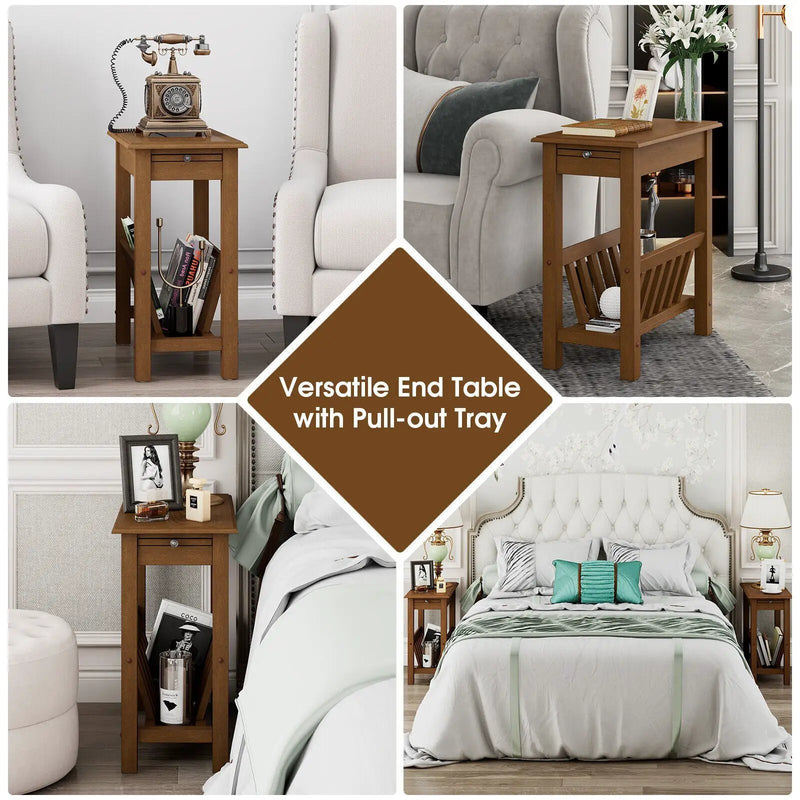 2-Tier End Table with Pull-out Tray and Solid Rubber Wood Legs by DirectDeals