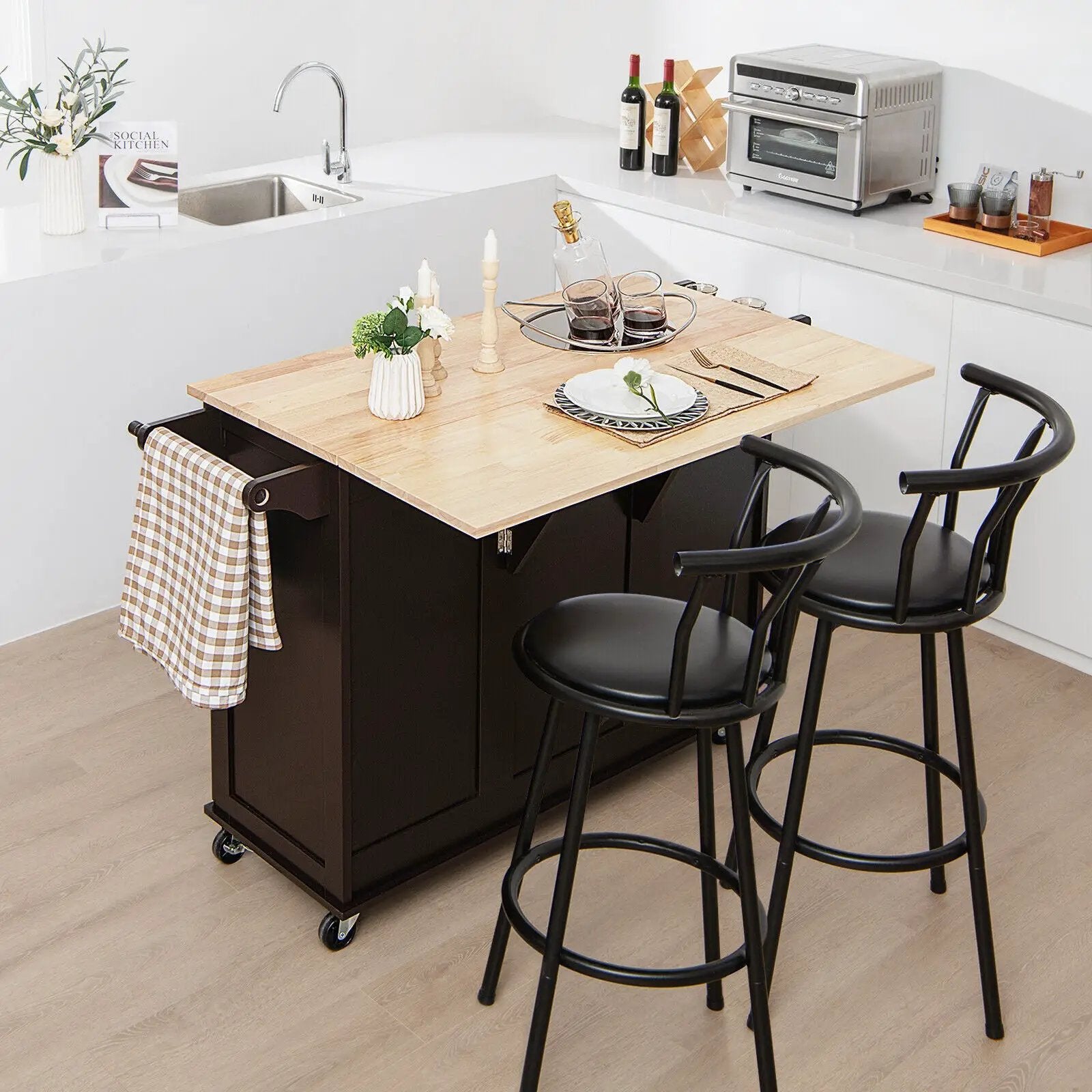 Kitchen Island Trolley Cart Wood with Drop-Leaf Tabletop and Storage Cabinet by DirectDeals
