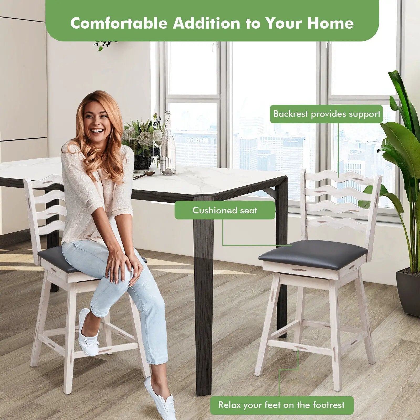 360° Swivel Bar Stools with Rubber Wood Frame and Ergonomic Backrest and Footrest by DirectDeals