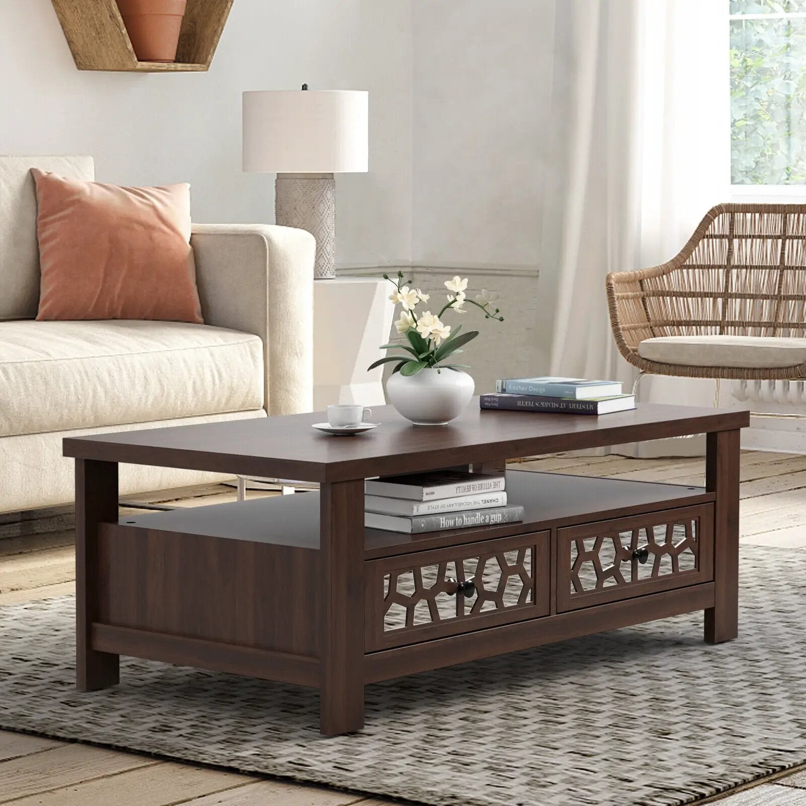 3-tier Coffee Table with 2 Drawers and 5 Support Legs by DirectDeals