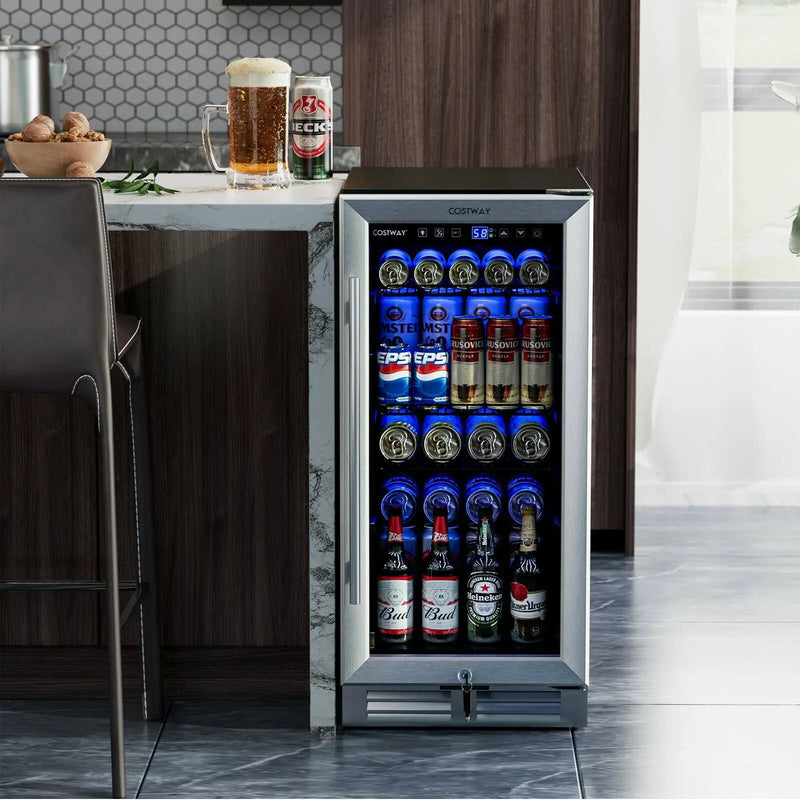 15 Inch 100 Can Built-in Freestanding Beverage Cooler Refrigerator with Adjustable Temperature and Shelf-Silver by DirectDeals