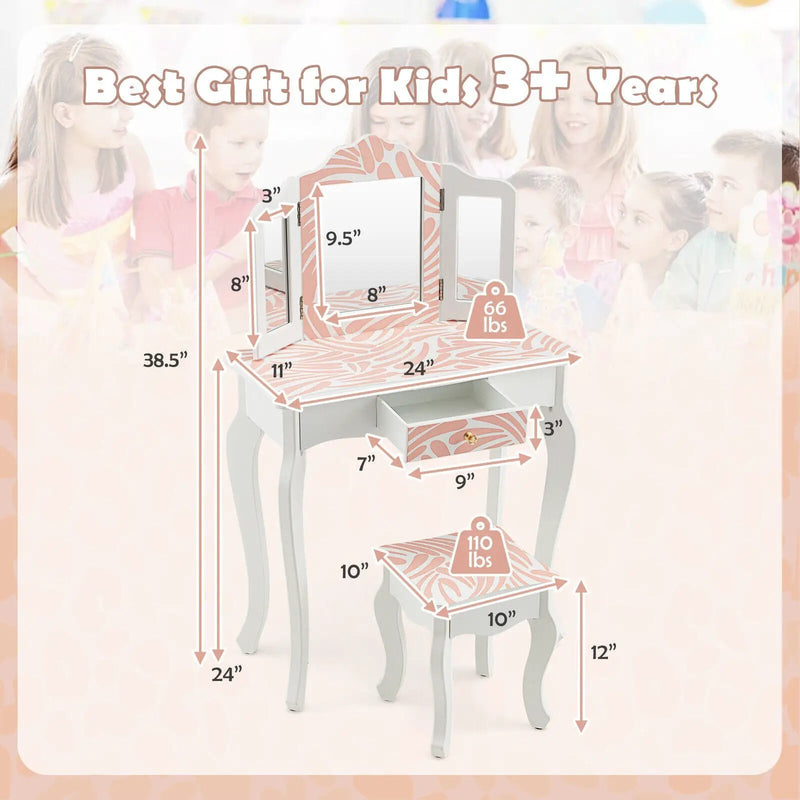 2-in-1 Kids Vanity Table Set with Tri-folding Mirror-Pink by DirectDeals