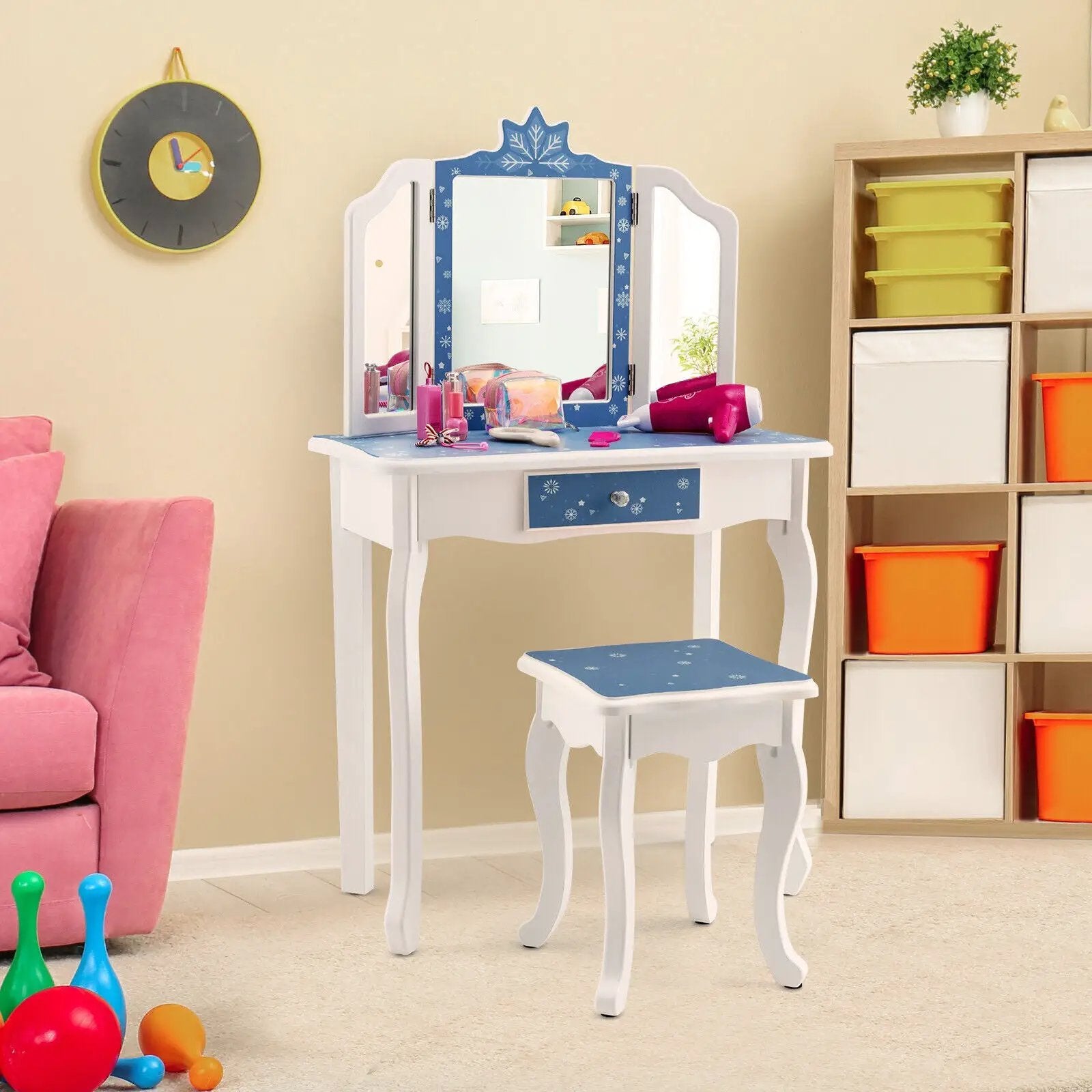 Princess Vanity Table and Chair Set with Tri-Folding Mirror and Snowflake Print-Blue by DirectDeals