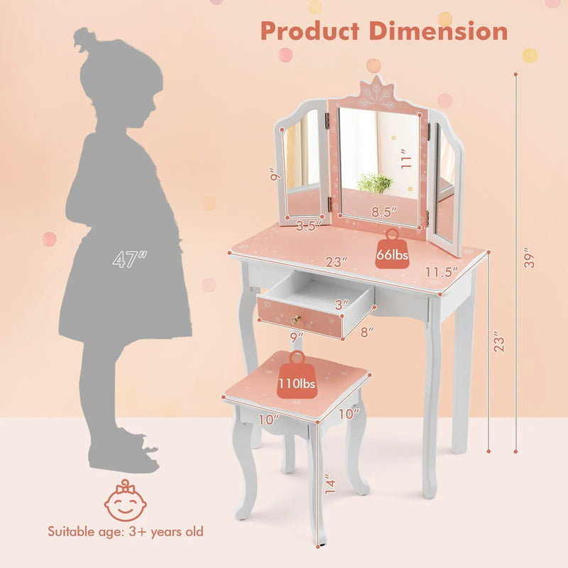 Princess Vanity Table and Chair Set with Tri-Folding Mirror and Snowflake Print-Pink by DirectDeals