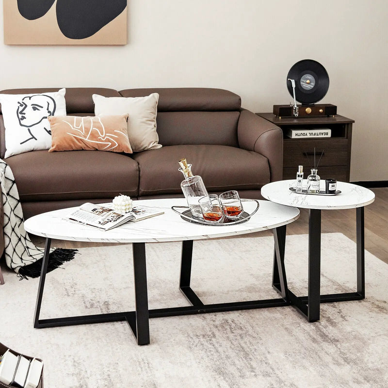 Set of 2 Modern Faux Marble Nesting Coffee Table Set with Oval and Round Table-White by DirectDeals