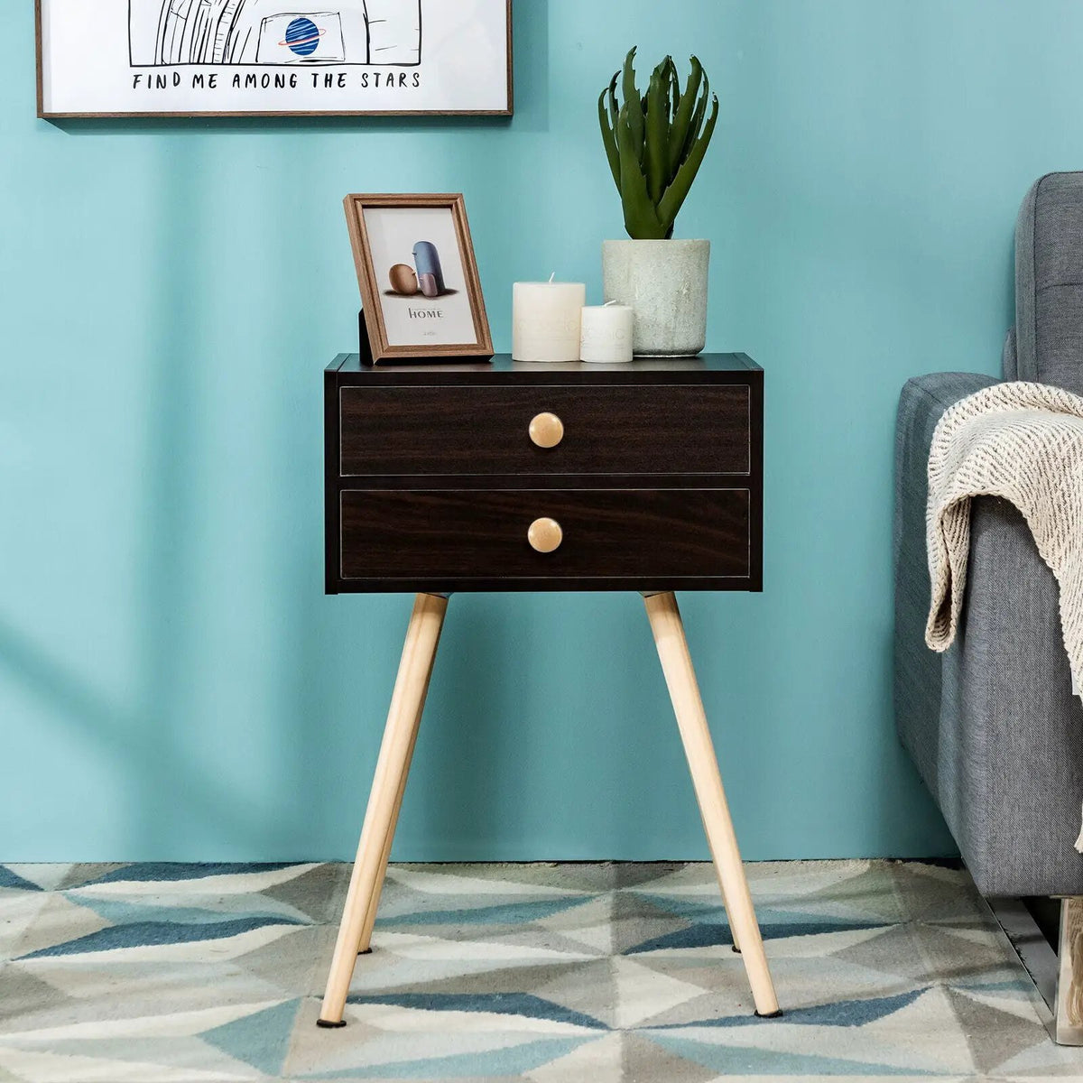 Modern Nightstand Bedside Table Mid Century with 2 Drawers-Natural