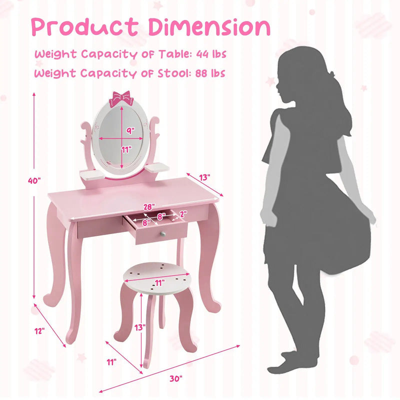 Kid Vanity Table Stool Set with Oval Rotatable Mirror-Pink by DirectDeals