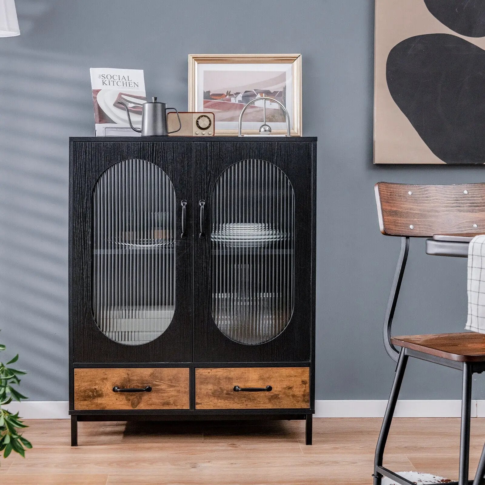 Kitchen Industrial Buffet Sideboard with Tempered Glass Doors-Black by DirectDeals