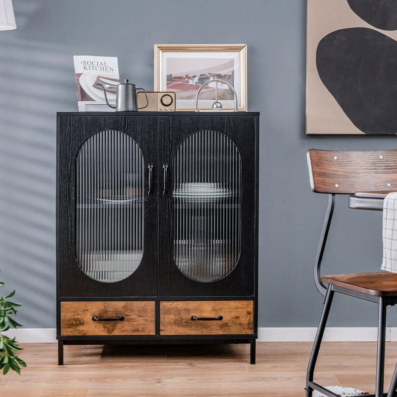 Kitchen Industrial Buffet Sideboard with Tempered Glass Doors-Black by DirectDeals