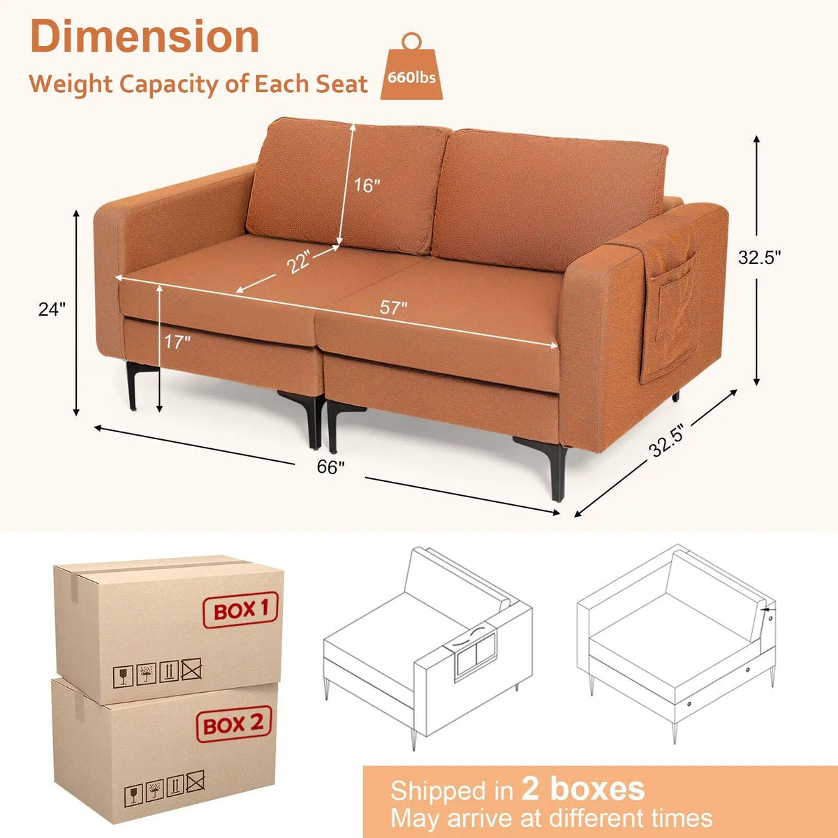Modern Loveseat Sofa Couch with Side Storage Pocket and Sponged Padded Seat Cushions, photo 4 of 12