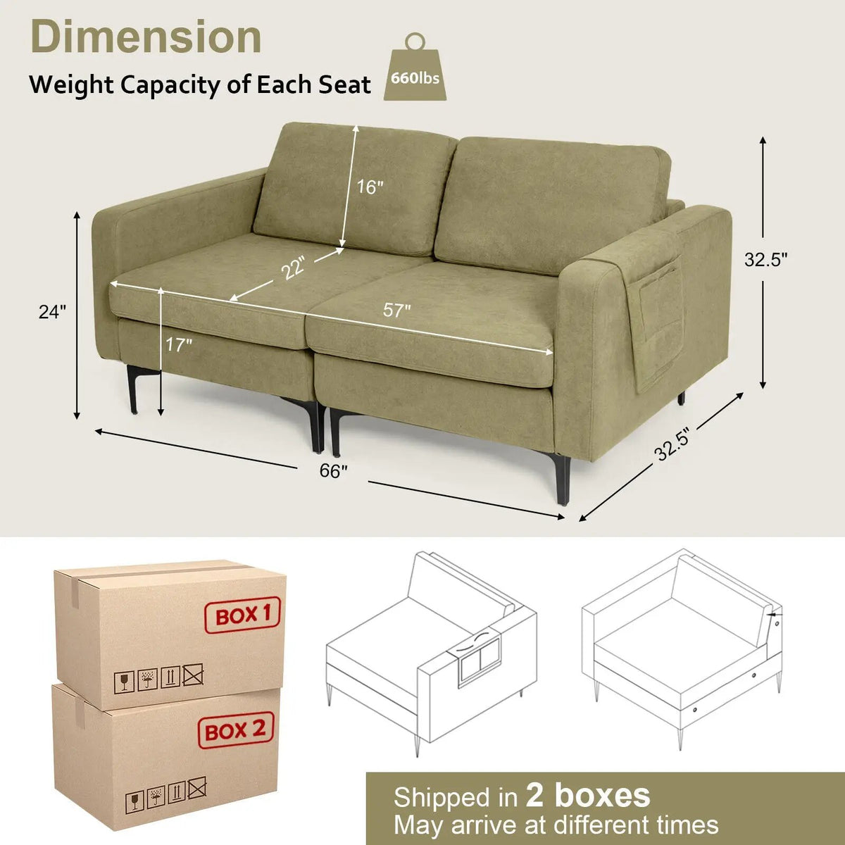 Modern Loveseat Sofa Couch with Side Storage Pocket and Sponged Padded Seat Cushions, photo 12 of 12