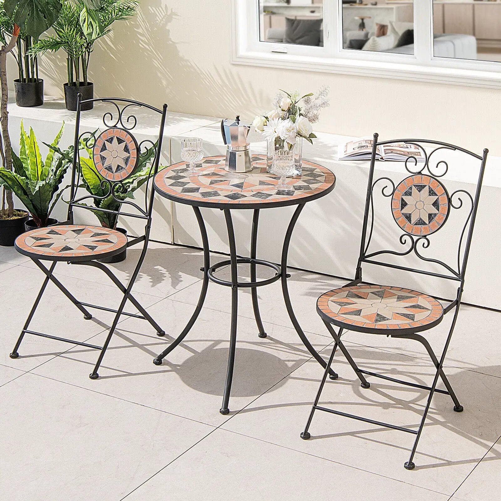 3 Pieces Patio Bistro Set with 1 Round Mosaic Table and 2 Folding Chairs by DirectDeals