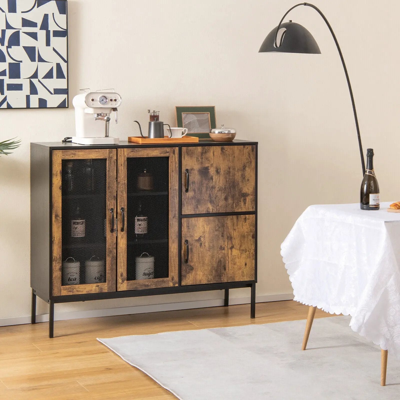 48 Inch Industrial Kitchen Buffet Sideboard with Metal Mesh Doors and Anti-toppling Device-Brown by DirectDeals