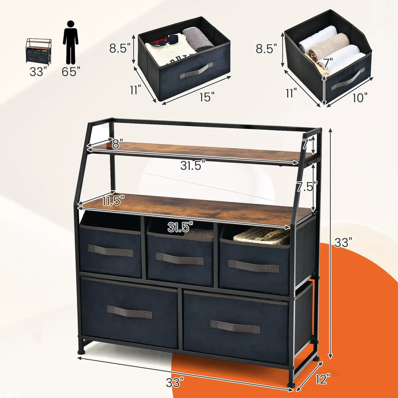 5 Drawers Storage Dresser with Fabric Bin for Living Room Bedroom-Black by DirectDeals