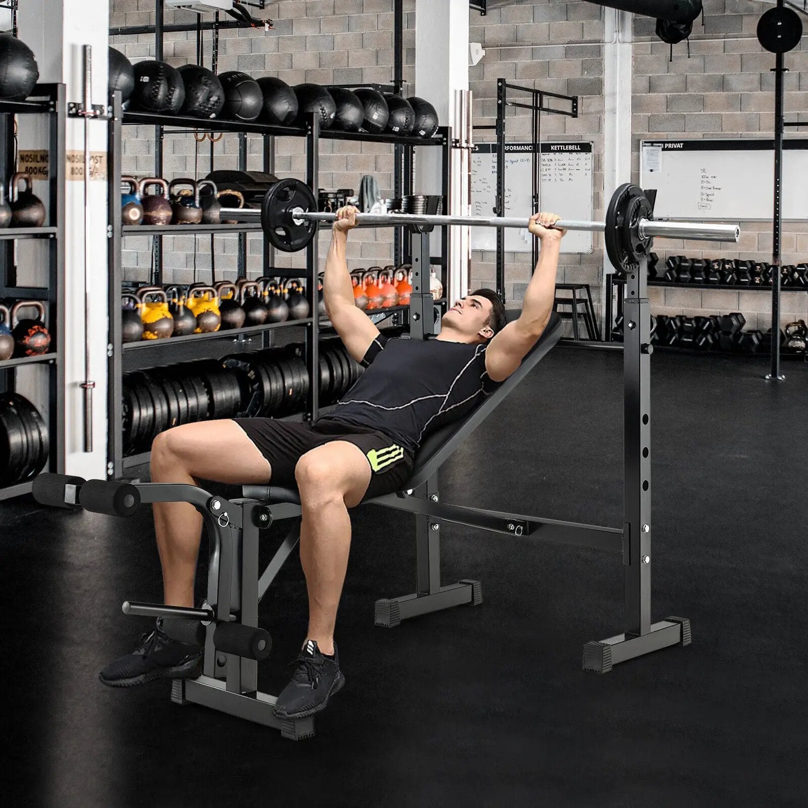 Adjustable Weight Bench and Barbell Rack Set with Weight Plate Post by DirectDeals