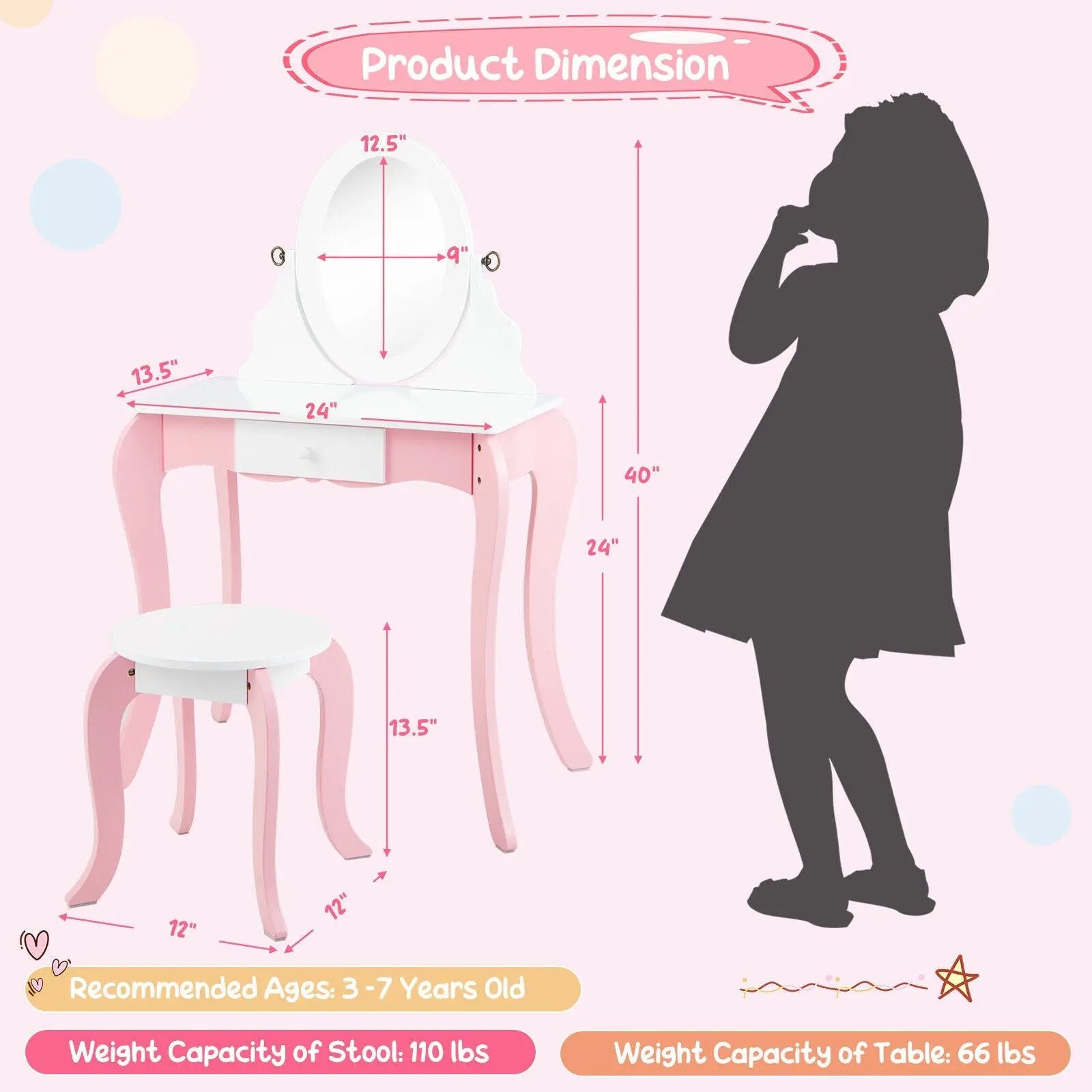 Pretend Kids Vanity Set with 360° Rotatable Mirror and Play Accessories by DirectDeals