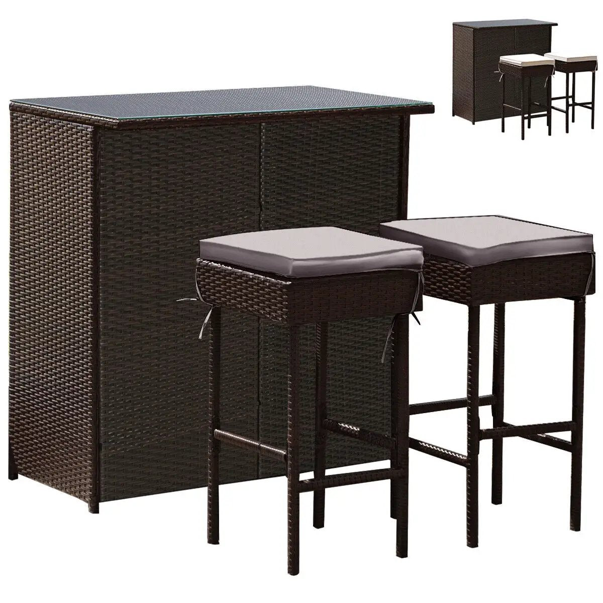 3PCS Patio Rattan Wicker Bar Table Stools Dining Set-Turquoise by DirectDeals