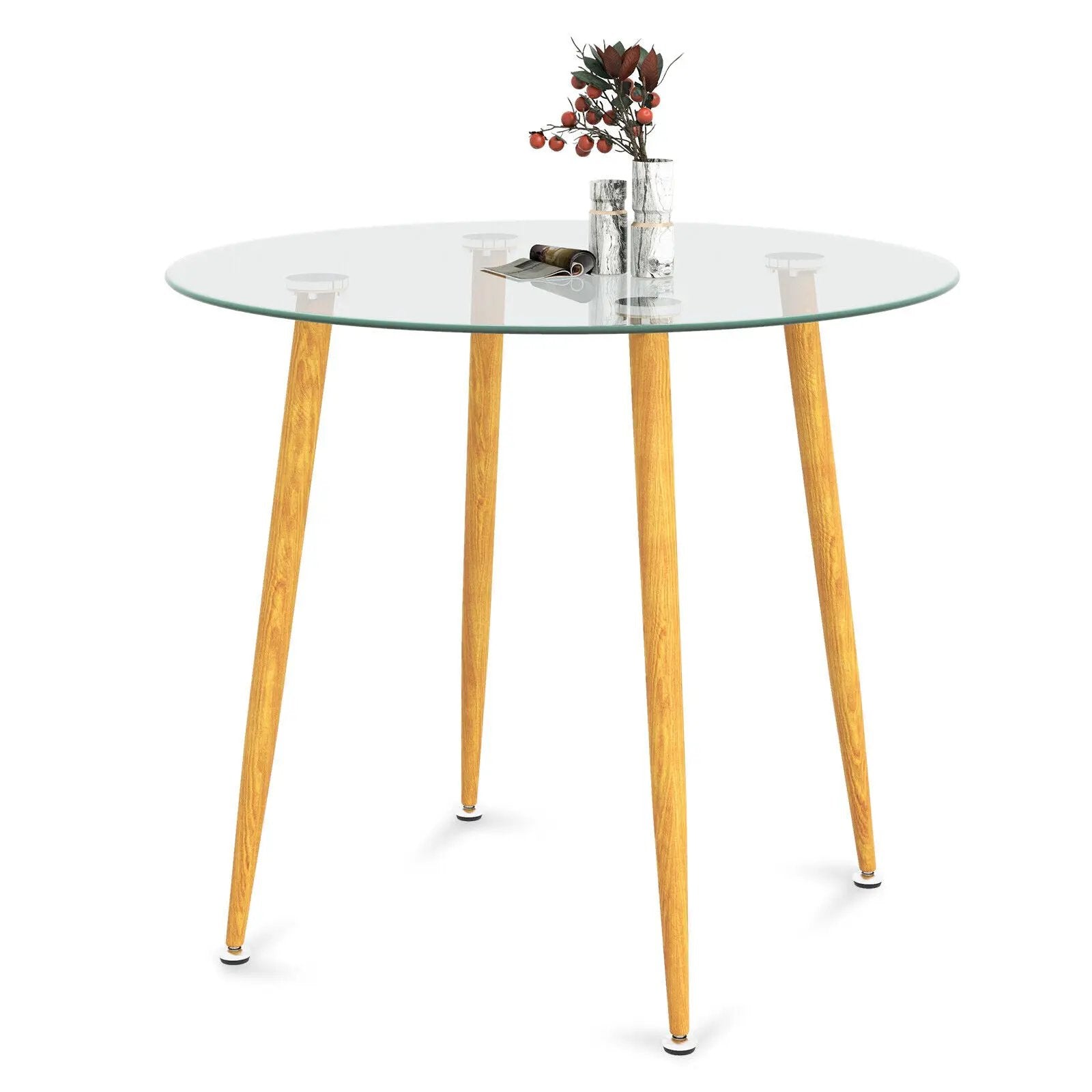Round Glass Dining Table Leisure Coffee Table with Metal Legs-Natural by DirectDeals