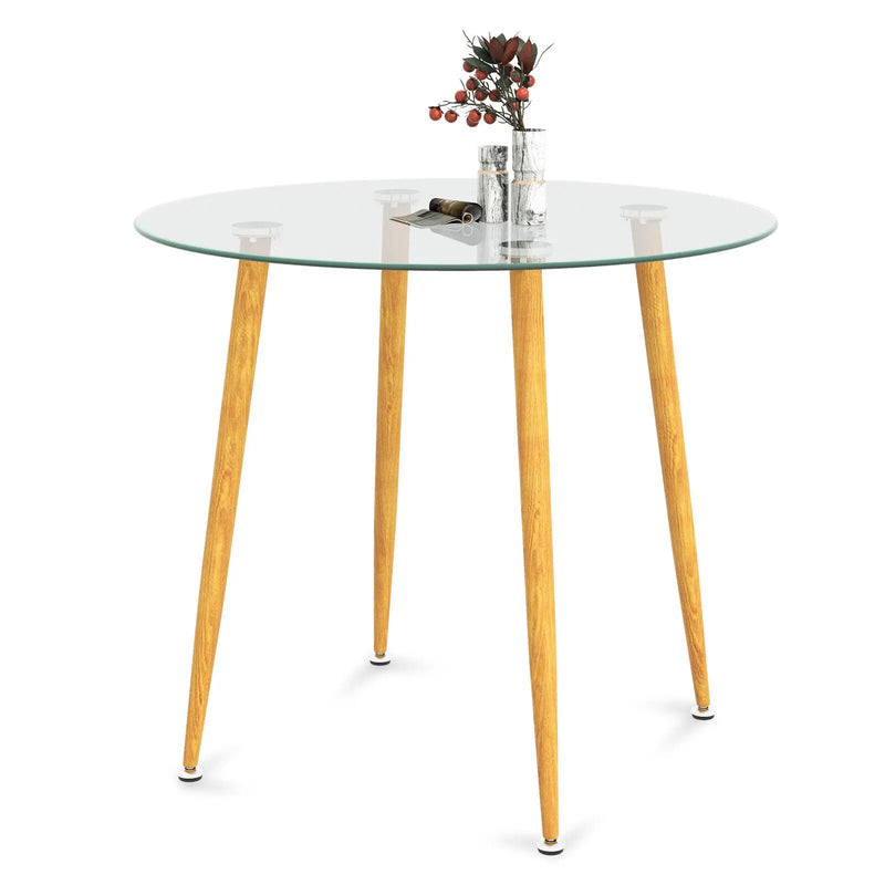 Round Glass Dining Table Leisure Coffee Table with Metal Legs-Natural by DirectDeals