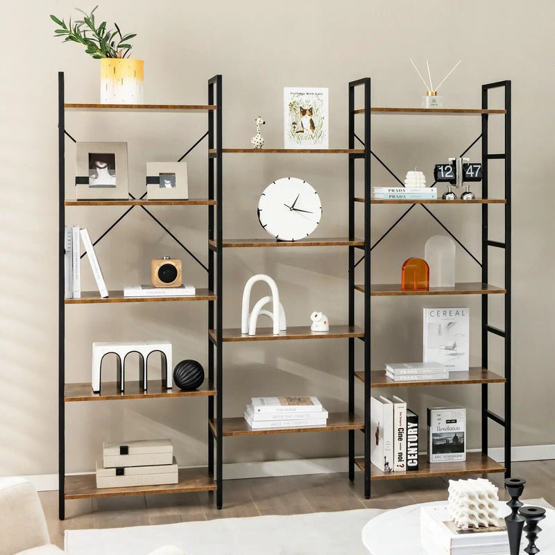 Large Triple Wide Floor Standing Bookcase Display Shelf with Metal Frame-Rustic Brown by DirectDeals