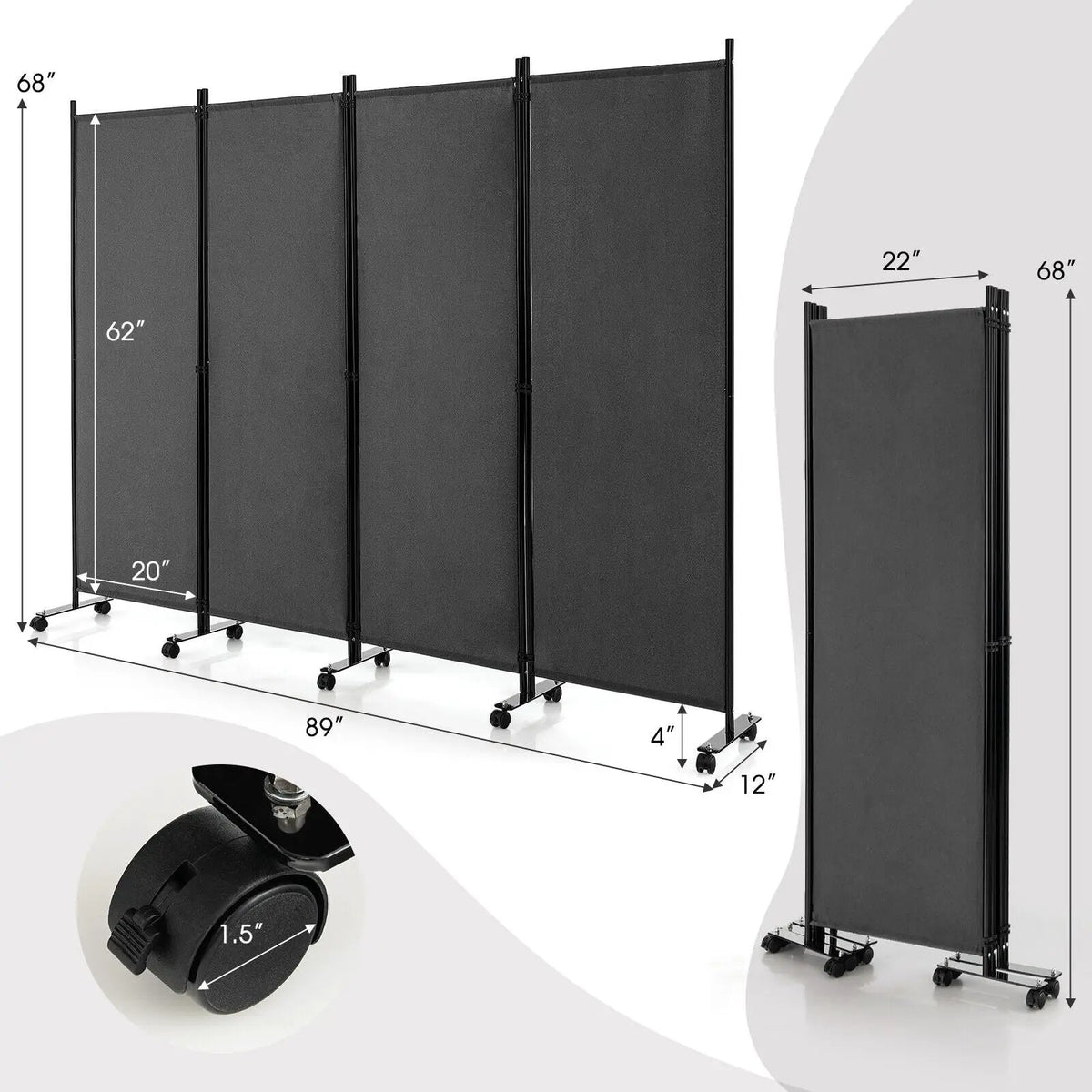 4-Panel Folding Room Divider 6 Feet Rolling Privacy Screen with Lockable Wheels, photo 4 of 11